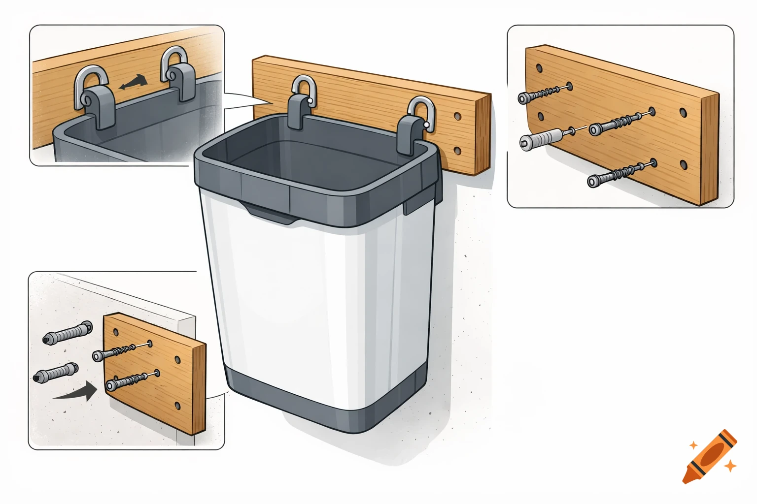 Diagram showing how to wall-mount a white and gray trash can using hooks on a wooden board.