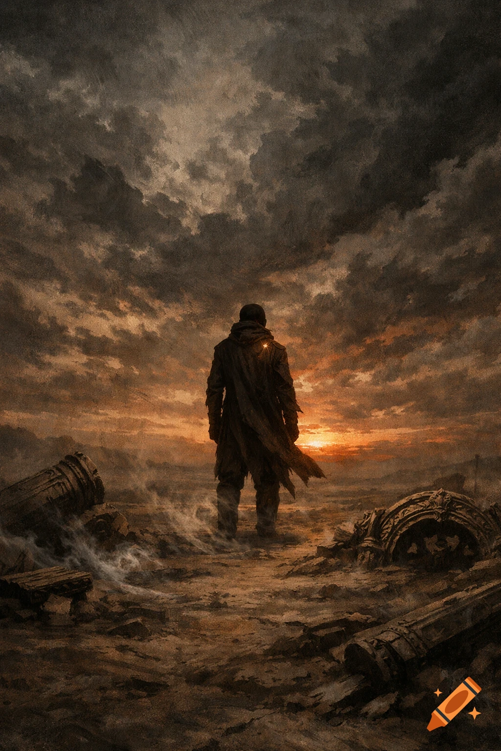 A lone cloaked figure stands on a desolate, rocky plain amidst ruins under a dramatic, stormy sunset sky, in a dark fantasy art style.