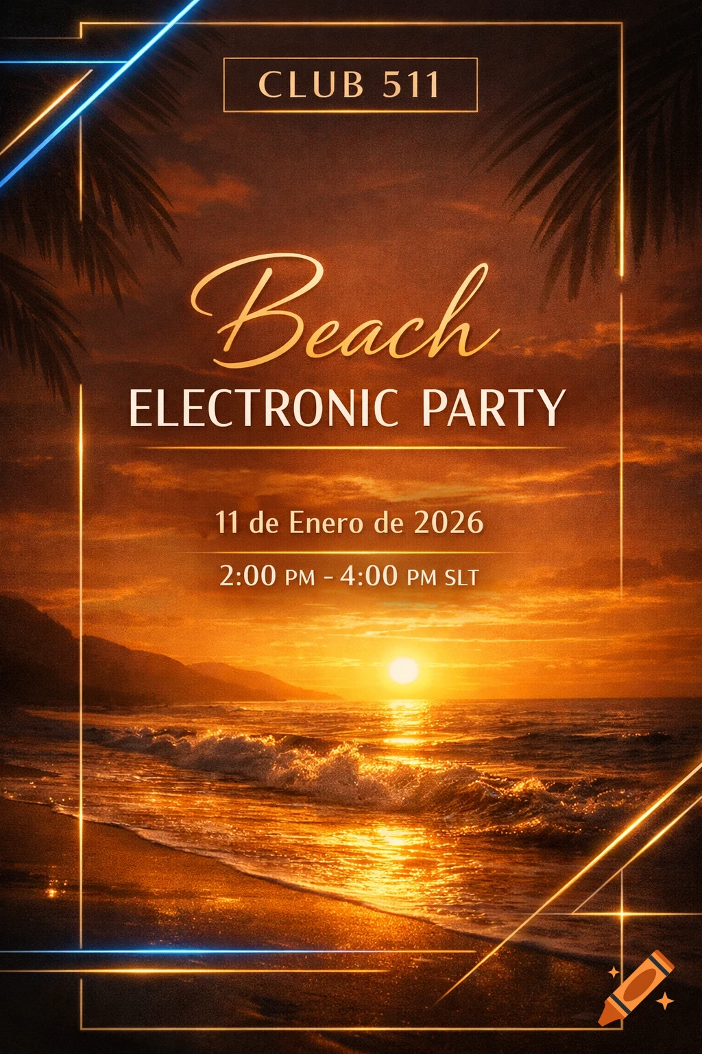 A vertical event flyer for a Beach Electronic Party, featuring a vibrant sunset over the ocean with mountains and neon blue and gold lines.