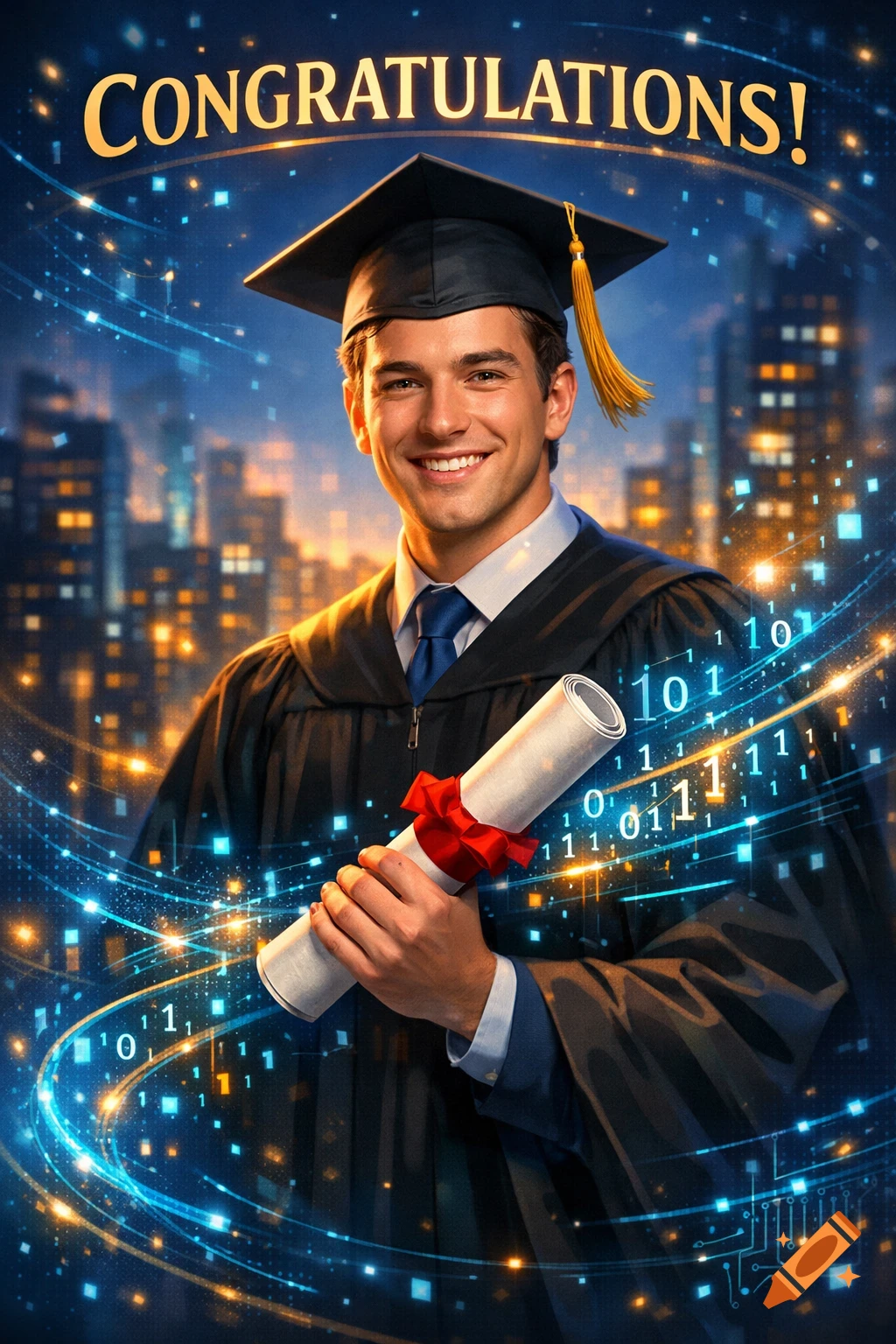 A smiling male graduate in a cap and gown holds a diploma against a futuristic cityscape background with glowing binary code. Text reads 'Congratulations!'.
