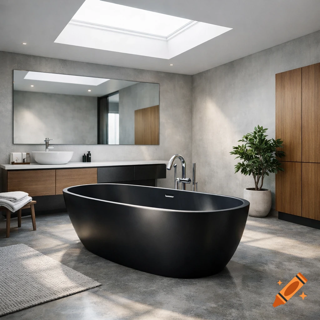 Photorealistic modern bathroom with a black freestanding tub, concrete walls, wooden vanity, a large mirror, and a skylight.