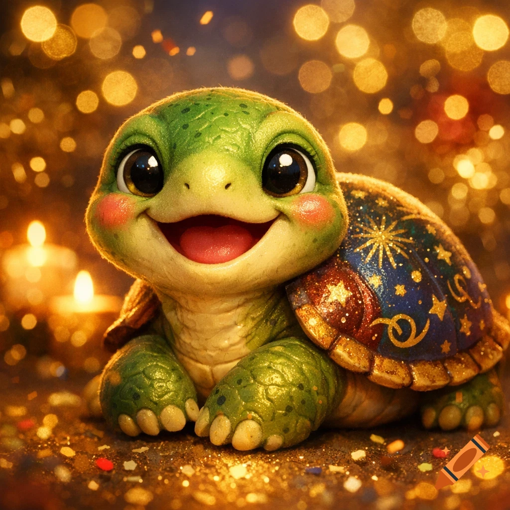 A cute, happy, green cartoon turtle with a star-decorated shell smiles against a festive golden bokeh background.