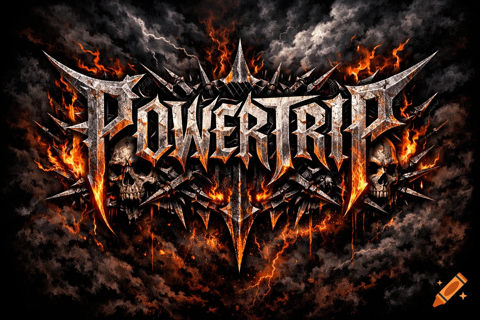 A heavy metal logo for 'POWERTRIP' with spiked letters, skulls, fire, and lightning.