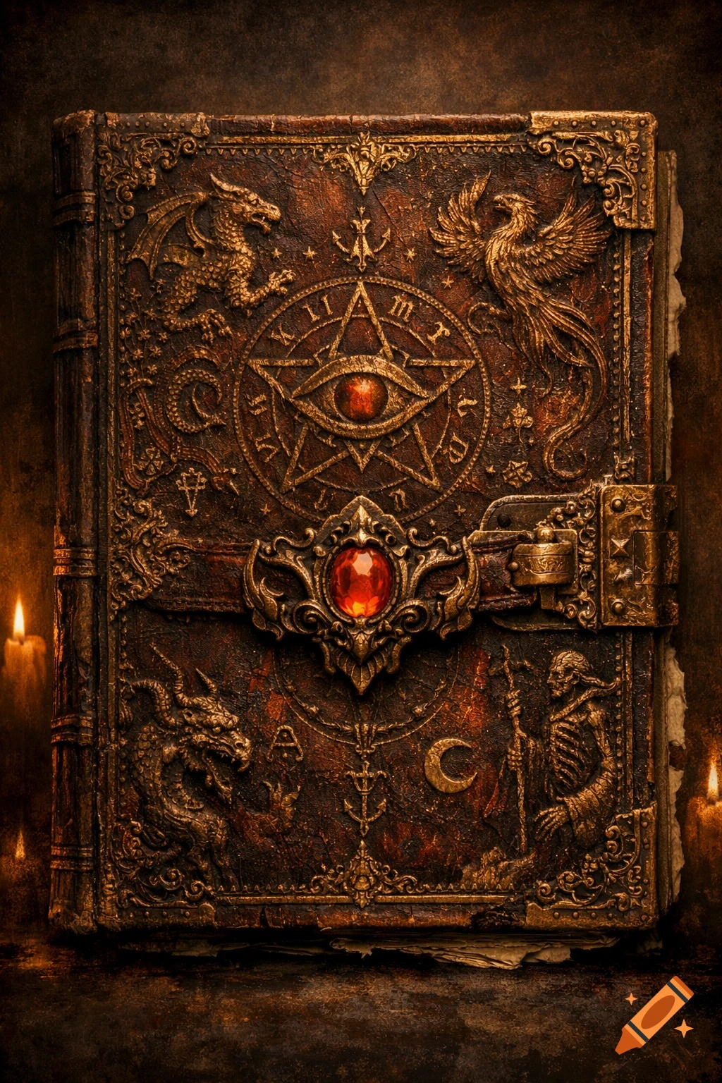 Close-up of an ornate, antique fantasy book cover. It features a central pentagram with an eye, dragons, a phoenix, a skeleton figure, and a red gemstone clasp, all in gold relief on dark, textured leather.