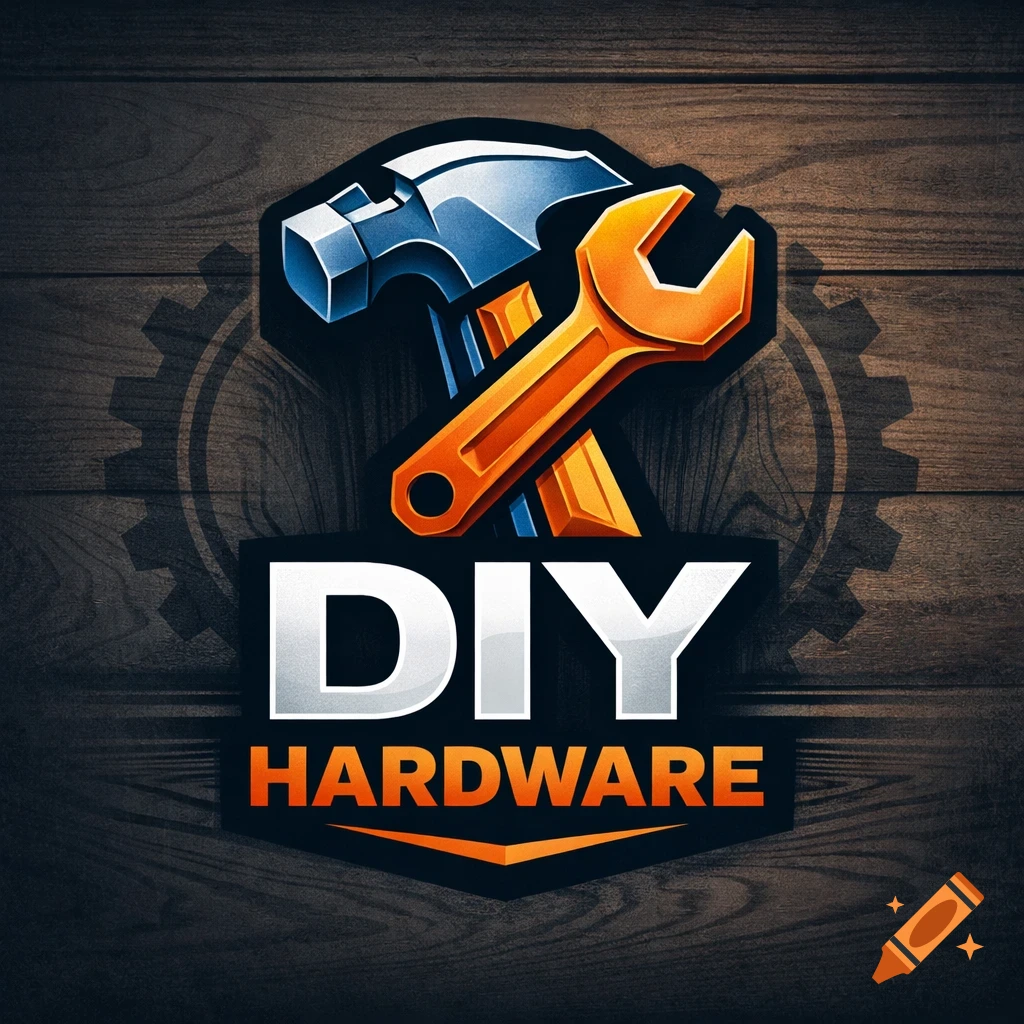 A stylized logo for a DIY hardware store, featuring a blue hammer and an orange wrench crossed over text 'DIY HARDWARE' on a wooden background.