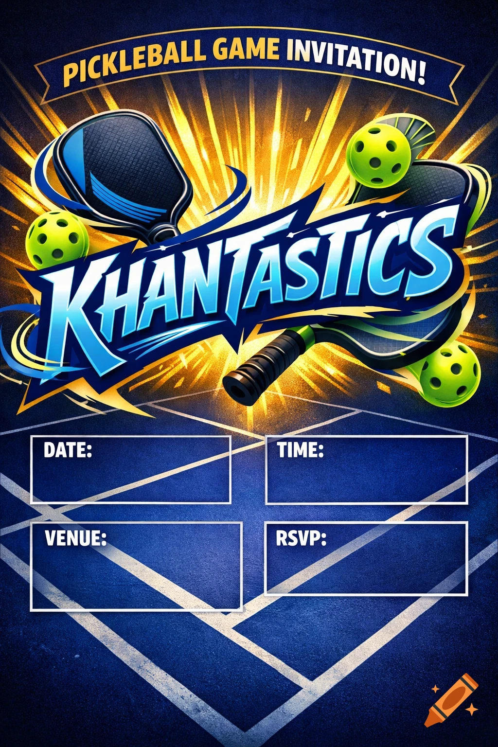 A vibrant blue and yellow pickleball game invitation poster with two paddles, three neon green pickleballs, the team name "KHANTASTICS", and fields for date, time, venue, and RSVP.