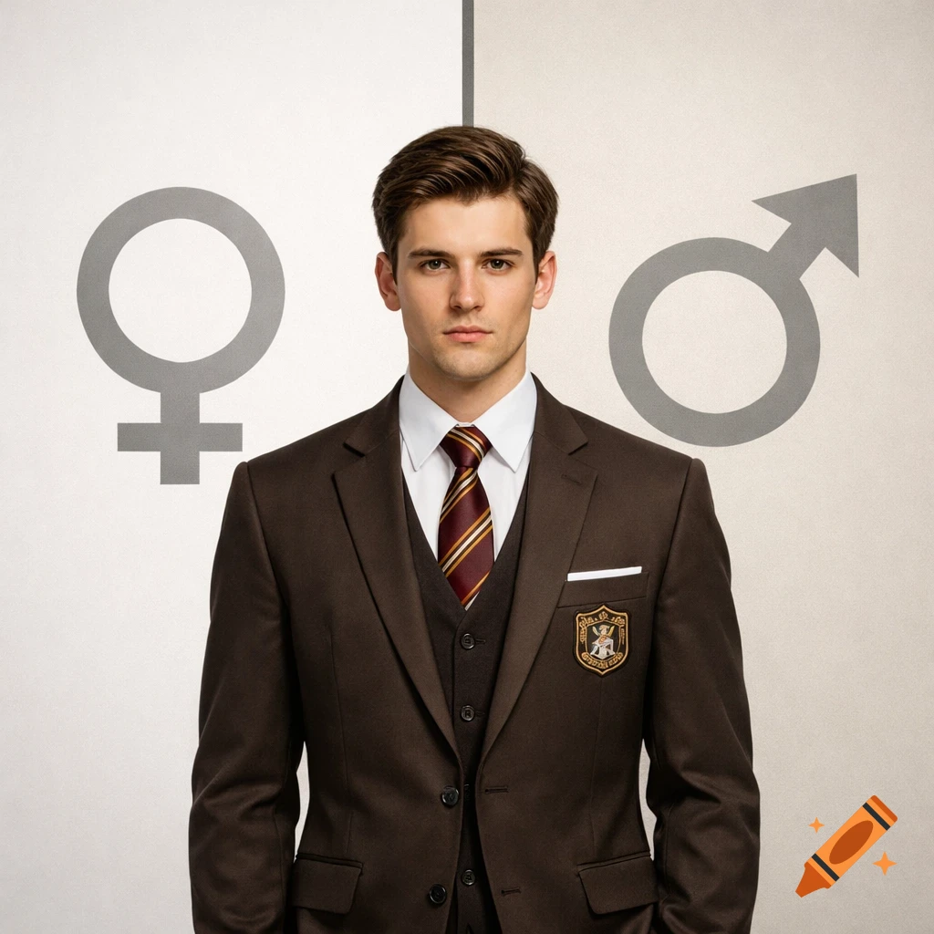 A young man in a brown school uniform and striped tie stands against a wall with grey female and male gender symbols.