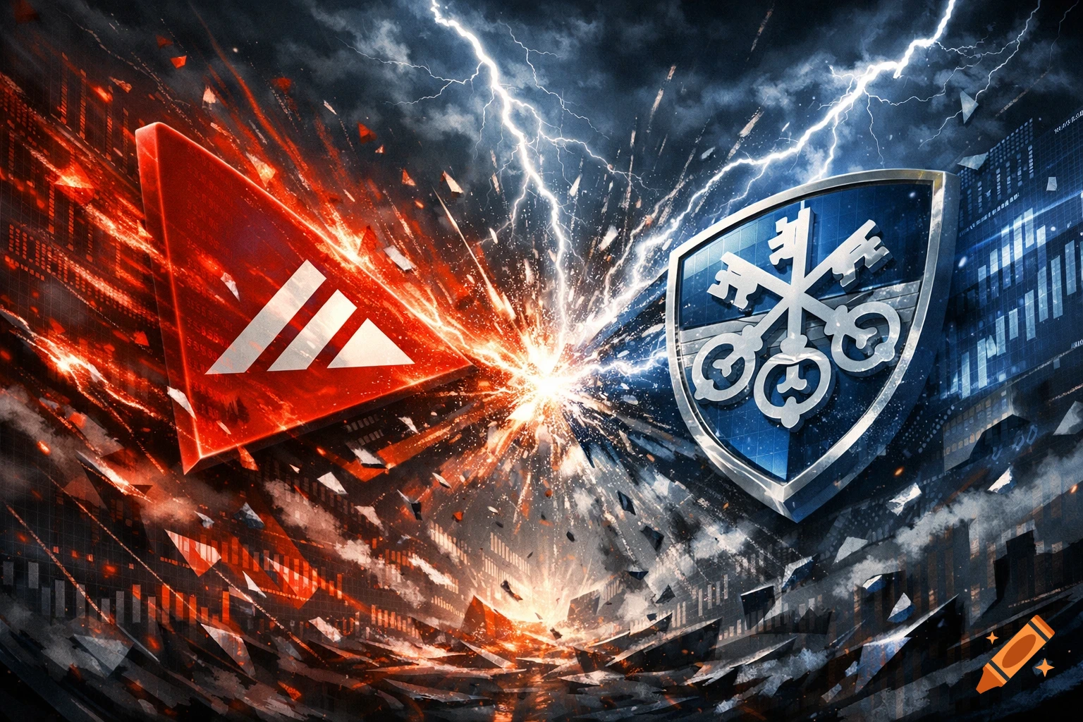A dramatic digital art image showing a red triangular logo and a blue shield logo with keys colliding in an explosion of light and lightning.