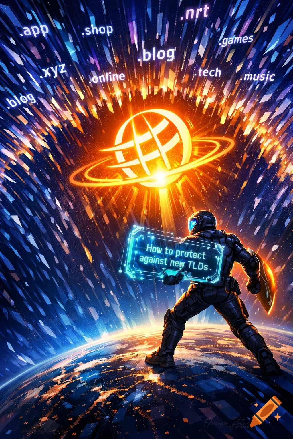 A cyber security person stands on Earth, holding a screen that says "How to protect against new TLDs," facing a radiant globe surrounded by digital elements like ".blog" and ".app" streaming down from space. Illustrated.