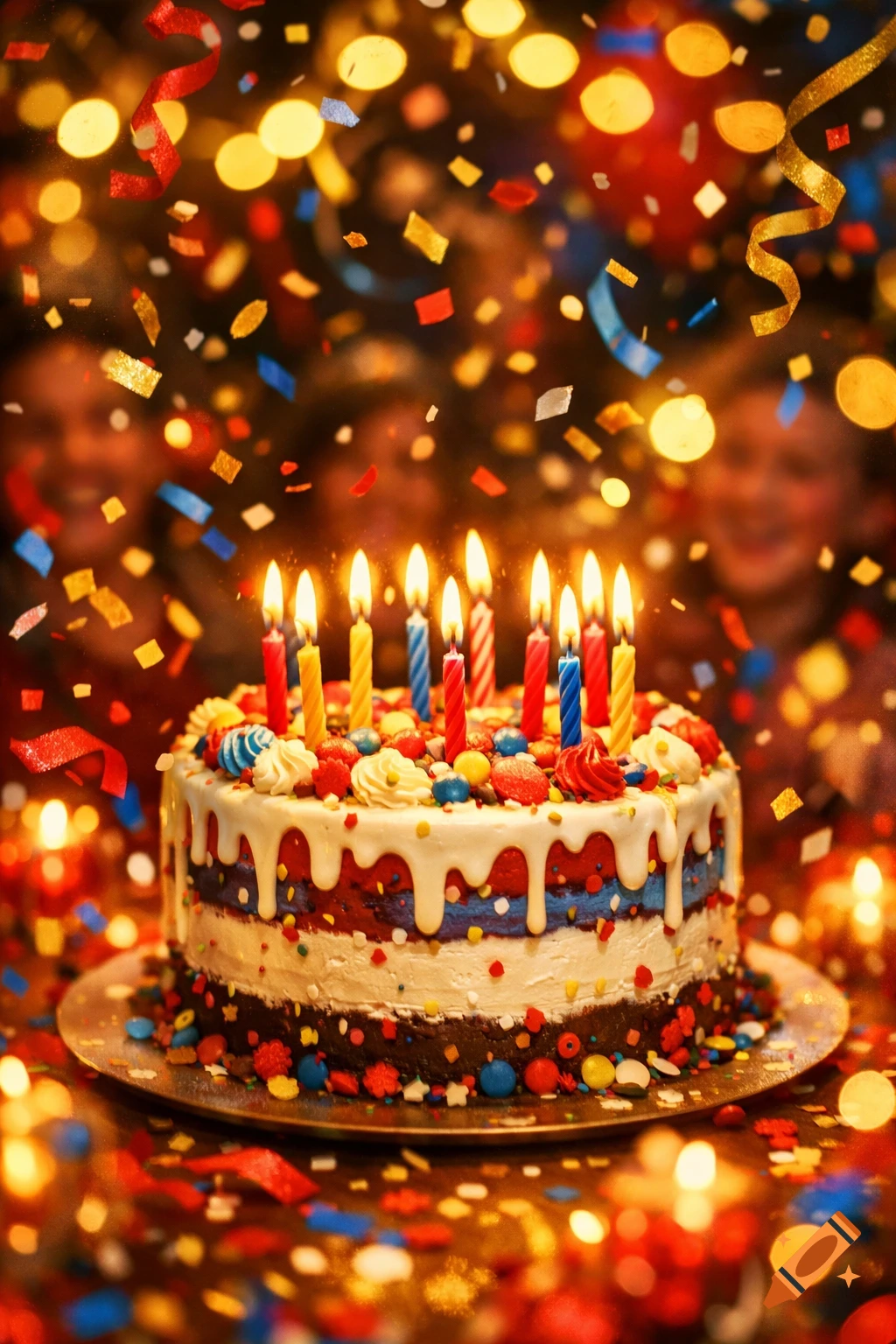 A colorful birthday cake with lit candles and sprinkles, surrounded by falling confetti, streamers, and blurred party lights.