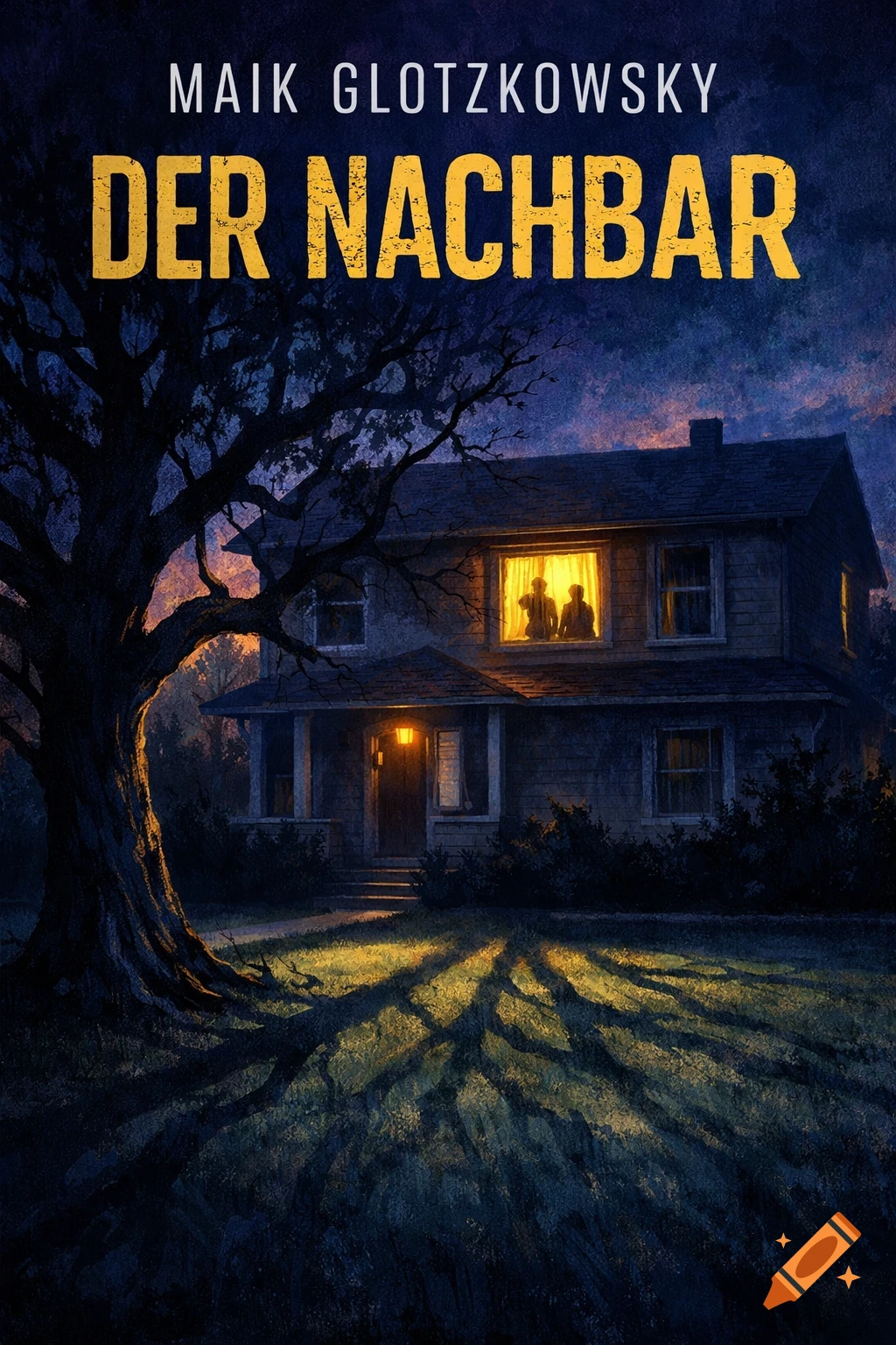 An illustration of a spooky house at night with a large tree in the foreground and two silhouetted figures in a lighted window. Book title 'MAIK GLOTZKOWSKY DER NACHBAR'.
