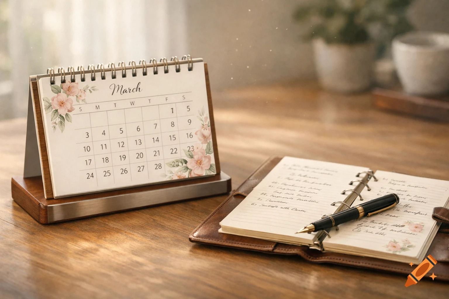 A desk calendar for March with pink flowers next to an open leather journal and a black fountain pen on a wooden table.