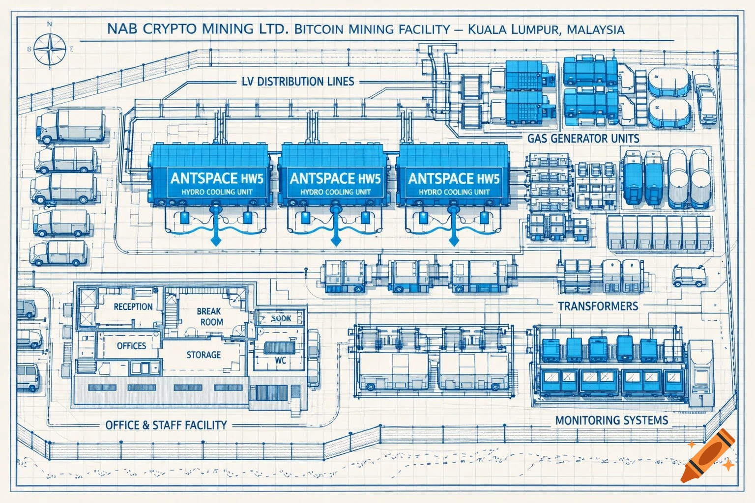 A detailed blueprint diagram of a 'NAB Crypto Mining Ltd. Bitcoin Mining Facility' in Kuala Lumpur, Malaysia, featuring hydro cooling units, gas generators, transformers, and an office facility.