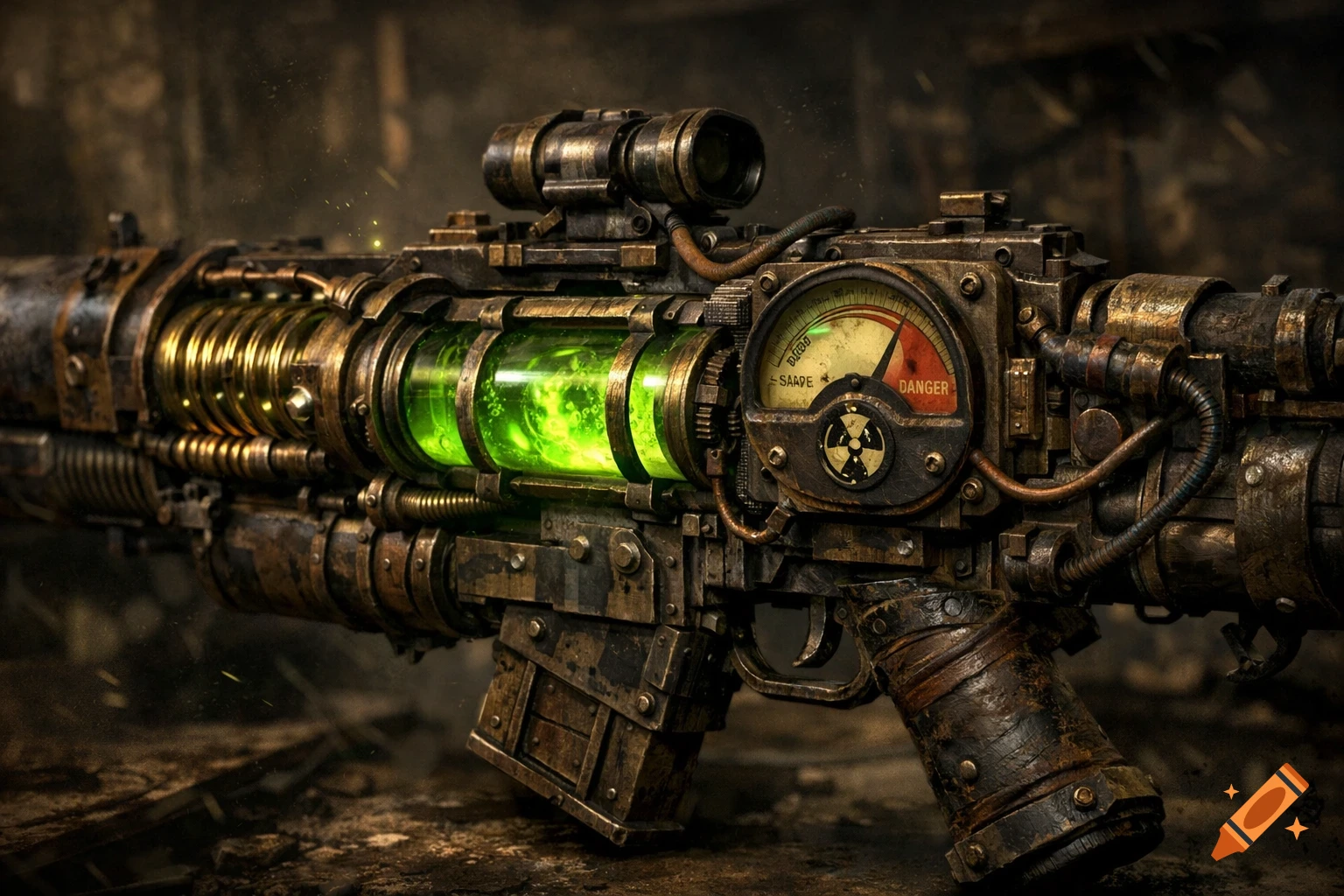 Close-up of a detailed steampunk rifle, featuring a glowing green vial, a gauge with a radiation symbol, and a weathered metallic finish.