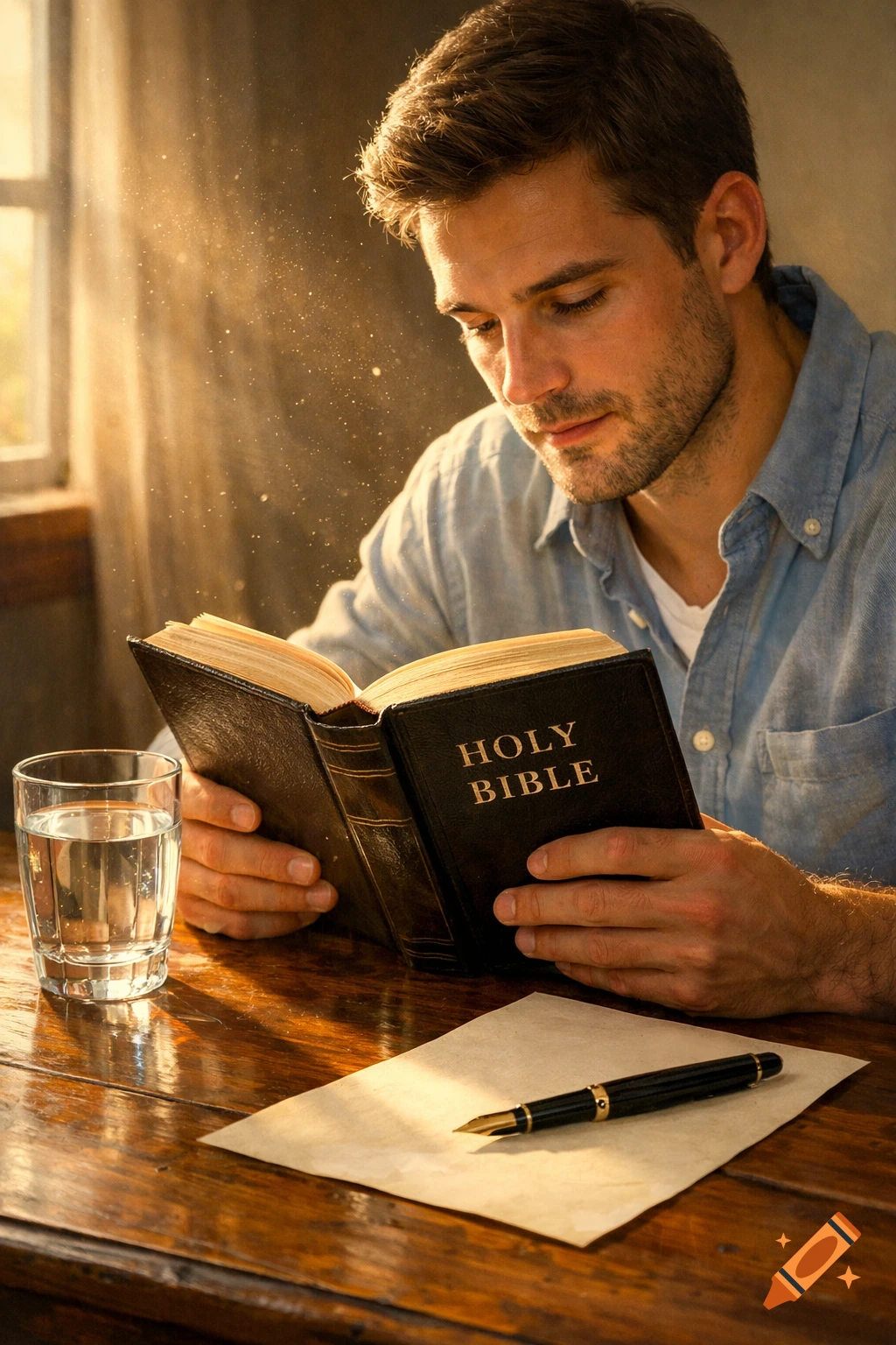 A young man reads a book titled "HOLY BIBLE" at a wooden table with a glass of water, a pen, and paper. Photorealistic.