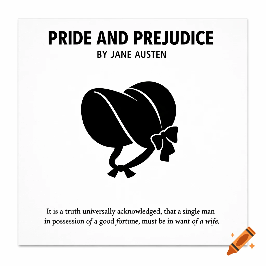 Minimalist black and white book cover design for Pride and Prejudice featuring a Regency-era bonnet silhouette and the book's opening line.