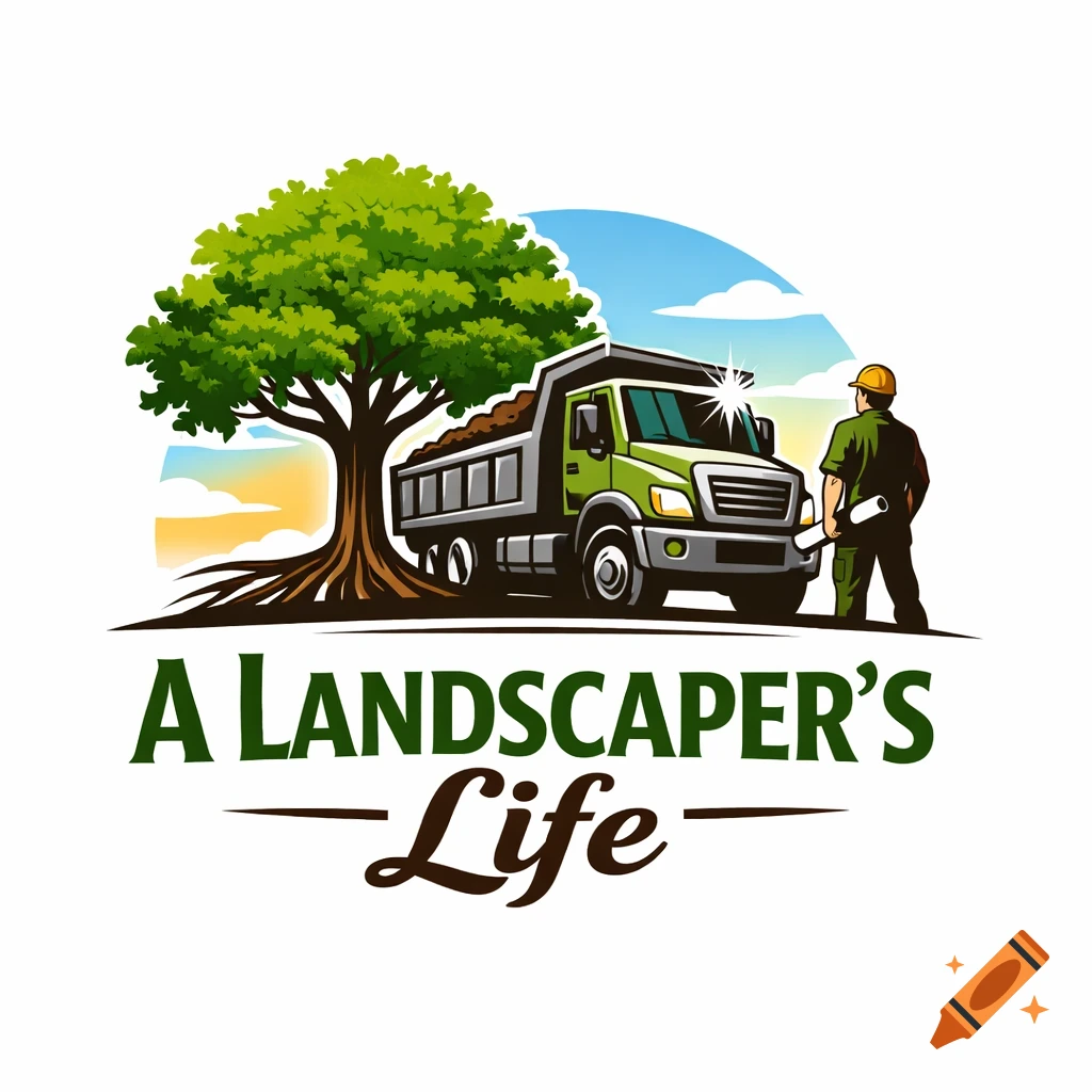 A logo featuring a green dump truck, a large tree, and a worker in a hard hat holding blueprints, with the text 'A Landscaper's Life'.