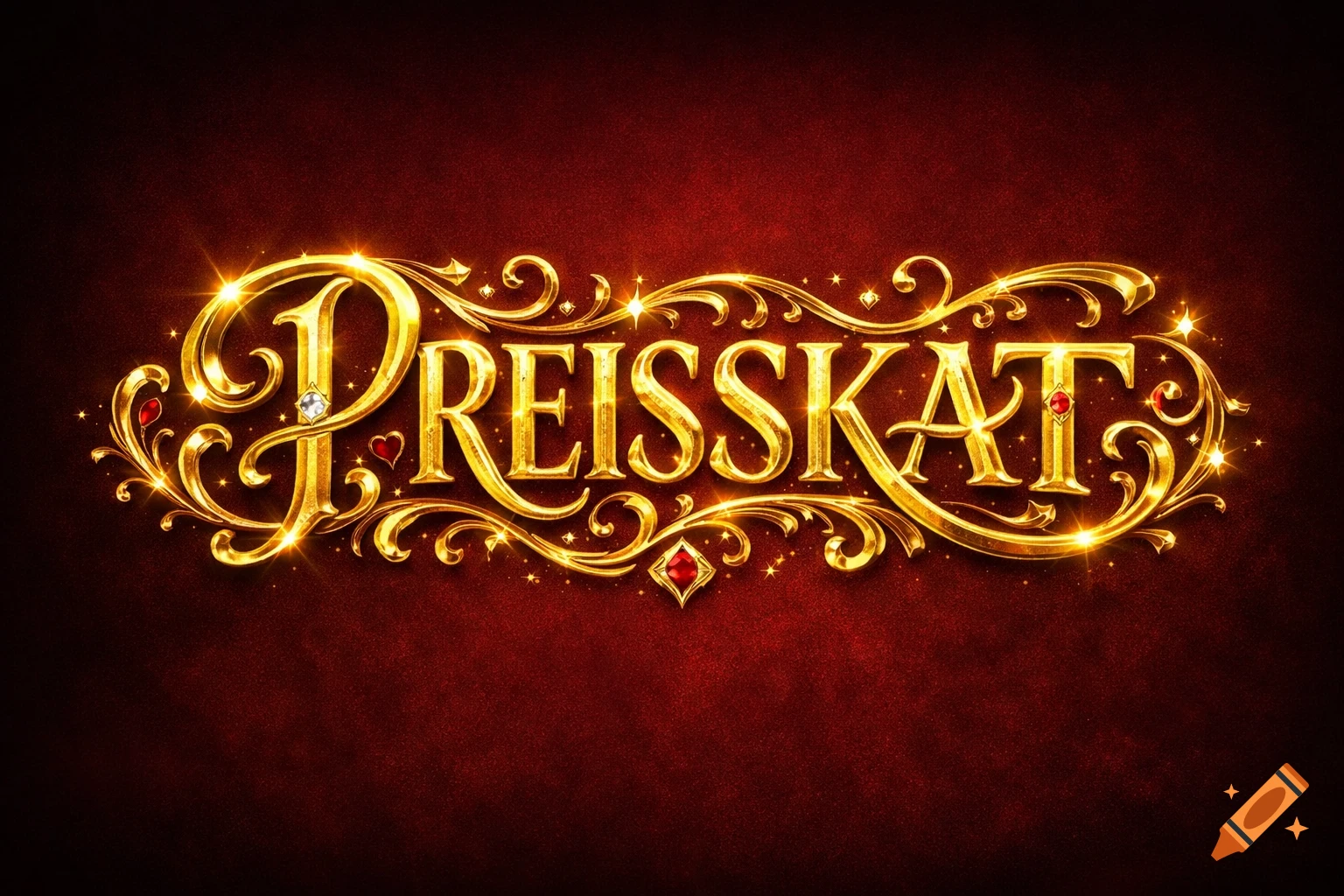 Ornate golden 'PREISSKAT' text with decorative flourishes and jewels on a rich, sparkling red background.