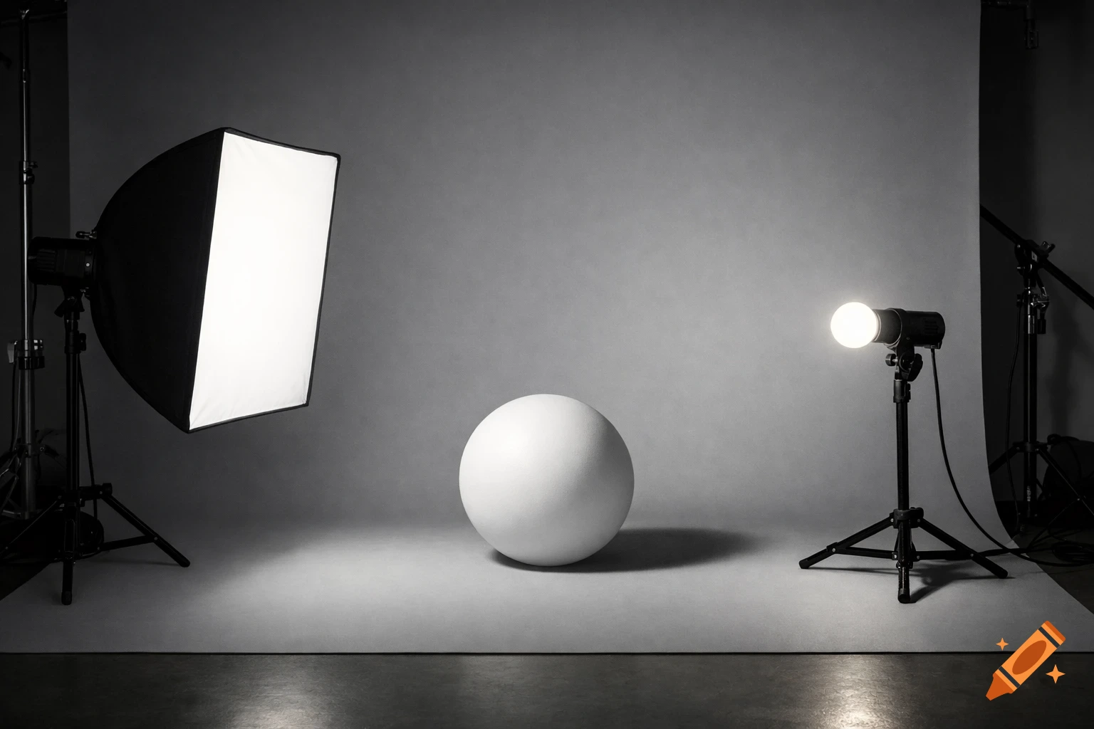 Photorealistic image of a white sphere in a photography studio with two light sources on a gray backdrop.