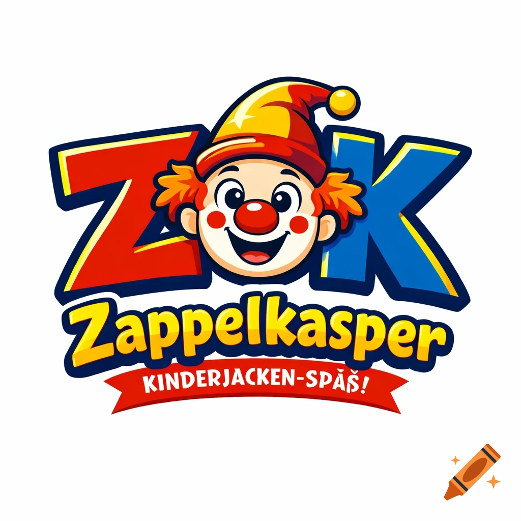 Colorful logo with a smiling clown face between large red Z and blue K letters, above "Zappelkasper" and "KINDERJACKEN-SPAS!" on a ribbon.