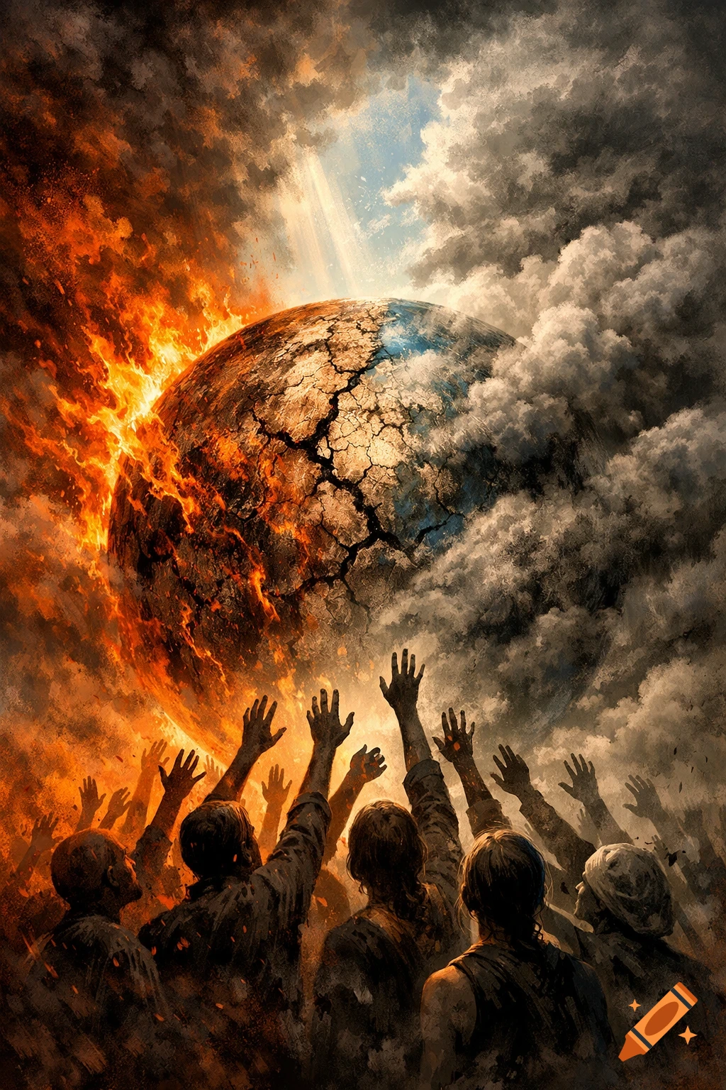 A dramatic digital painting of a cracked Earth, half burning in flames, half shrouded in dark clouds, as a crowd of people reach upwards.
