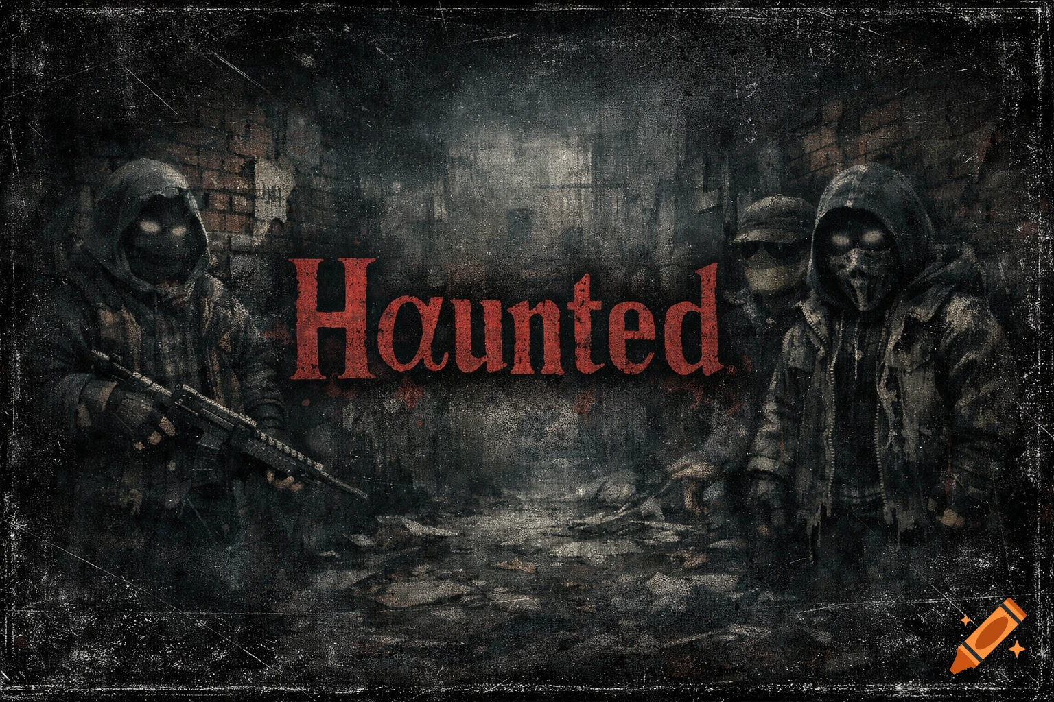 Three grunge-style hooded figures in a dark, distressed urban alley, one holding a rifle, with 'Hαunted' in red text.