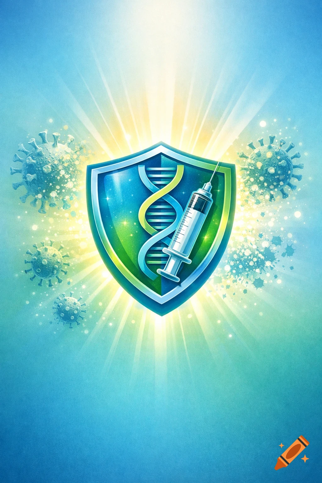 A glowing shield with DNA and a syringe protects against viruses on a blue background, symbolizing vaccination.