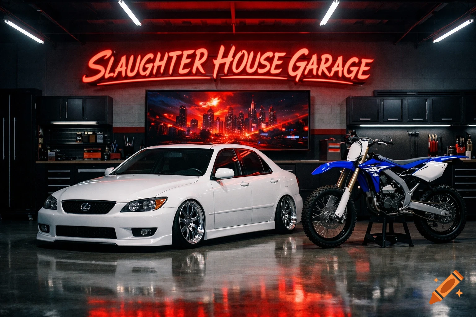 A white Lexus IS300 and a blue Yamaha YZ450F dirt bike parked in a garage under a red neon 'Slaughter House Garage' sign with a city skyline on a TV.