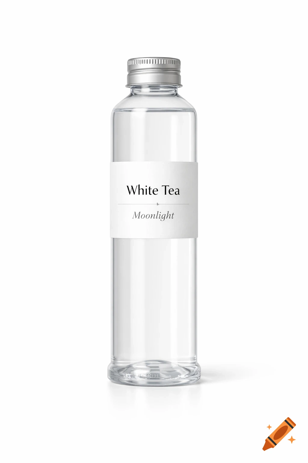 Photorealistic image of a transparent plastic bottle with a silver cap and a white label reading 'White Tea Moonlight' on a white background.