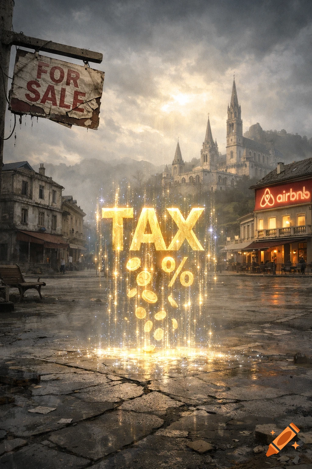 A mystical photorealistic cityscape with a glowing "TAX %" sign, coins, old buildings, "FOR SALE" sign, and an "airbnb" logo.