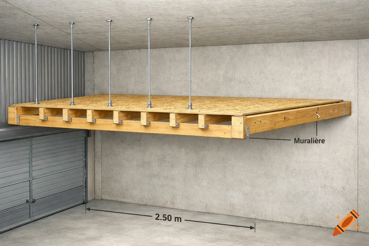 A technical 3D rendering of a wooden mezzanine storage platform in a garage, with concrete and corrugated metal walls. It features a main beam attached to a concrete wall and a second beam suspended by five threaded rods from the ceiling, all supporting seven wooden joists covered by OSB panels. Dimensions are indicated.