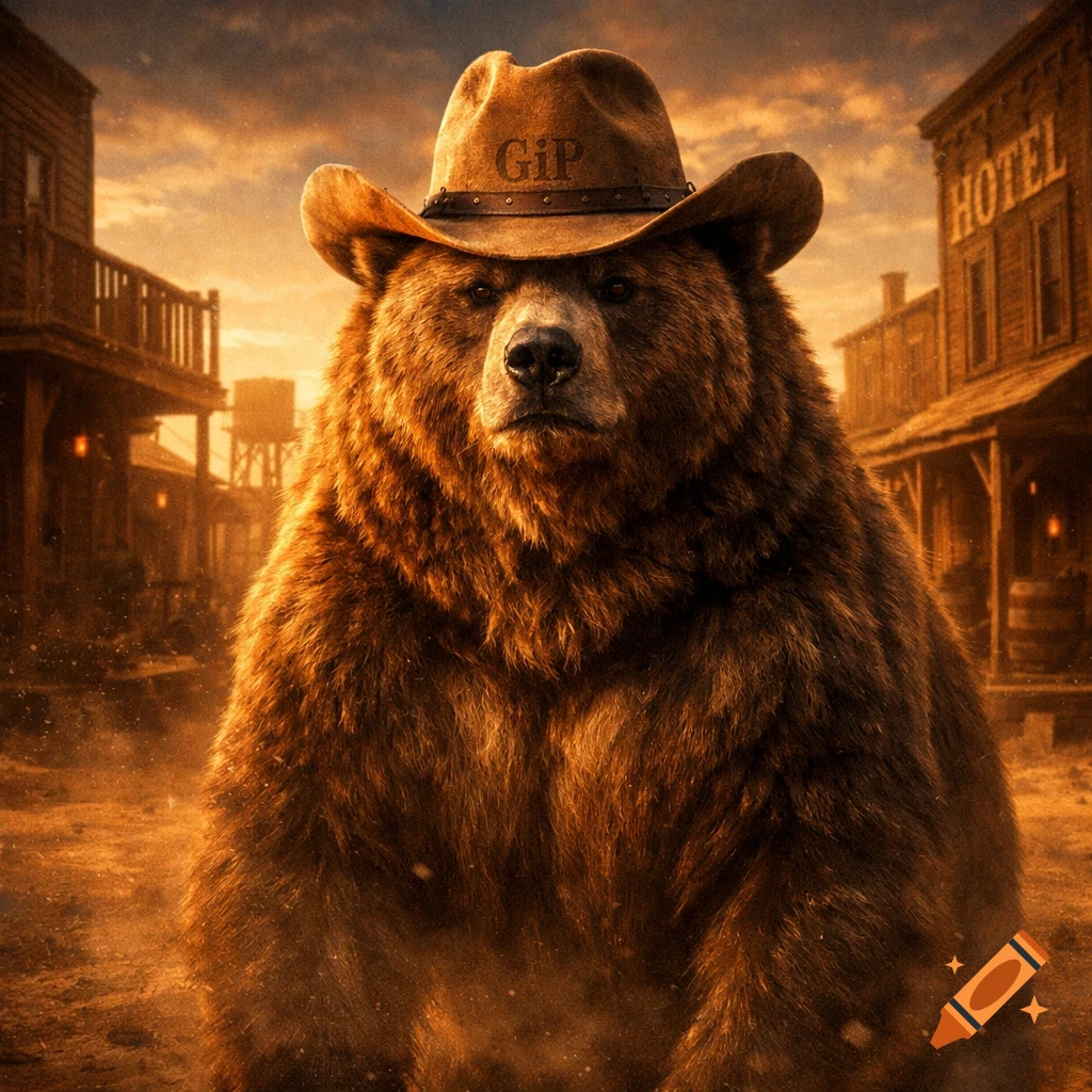 A photorealistic bear wearing a cowboy hat with "GiP" on it stands in a dusty wild west town at sunset.