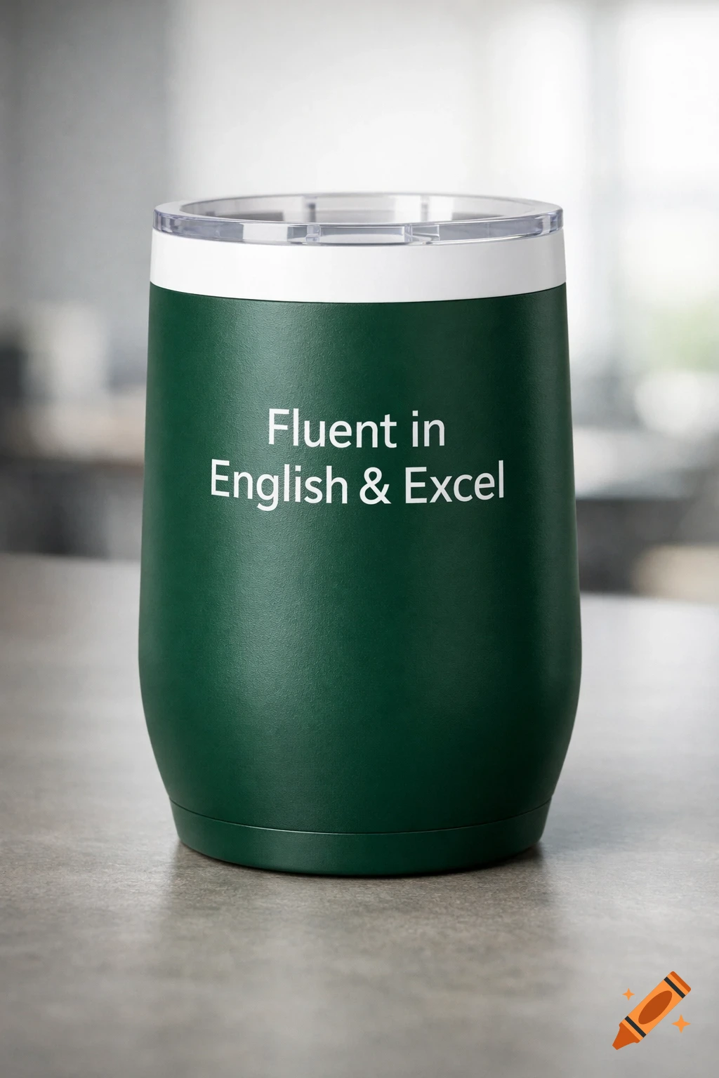 Dark forest green double-wall tumbler with a white lid, featuring white text 'Fluent in English & Excel', on a gray counter.
