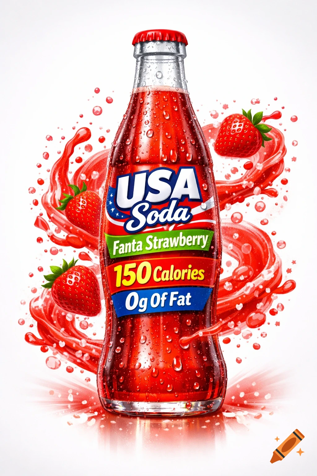 A sweating bottle of USA Soda Fanta Strawberry with 150 Calories and 0g Fat, surrounded by splashing red liquid and fresh strawberries on a white background.