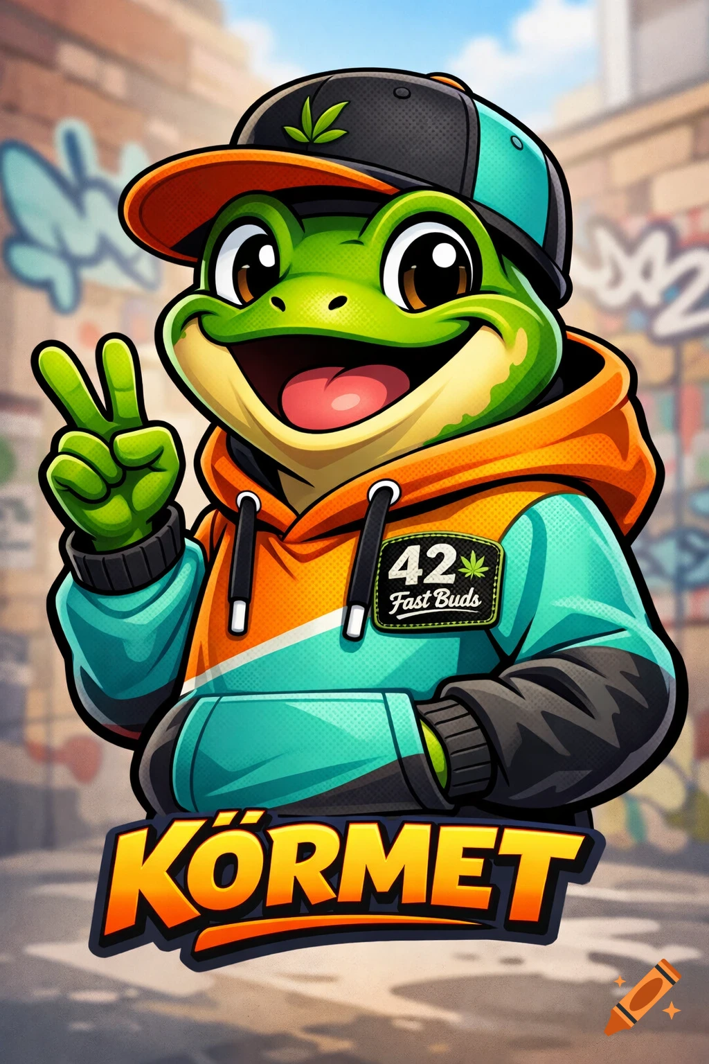 A cheerful cartoon frog character named K rnet wearing an orange and teal streetwear hoodie, a black cap with a cannabis leaf, and giving a peace sign, against an urban graffiti background.