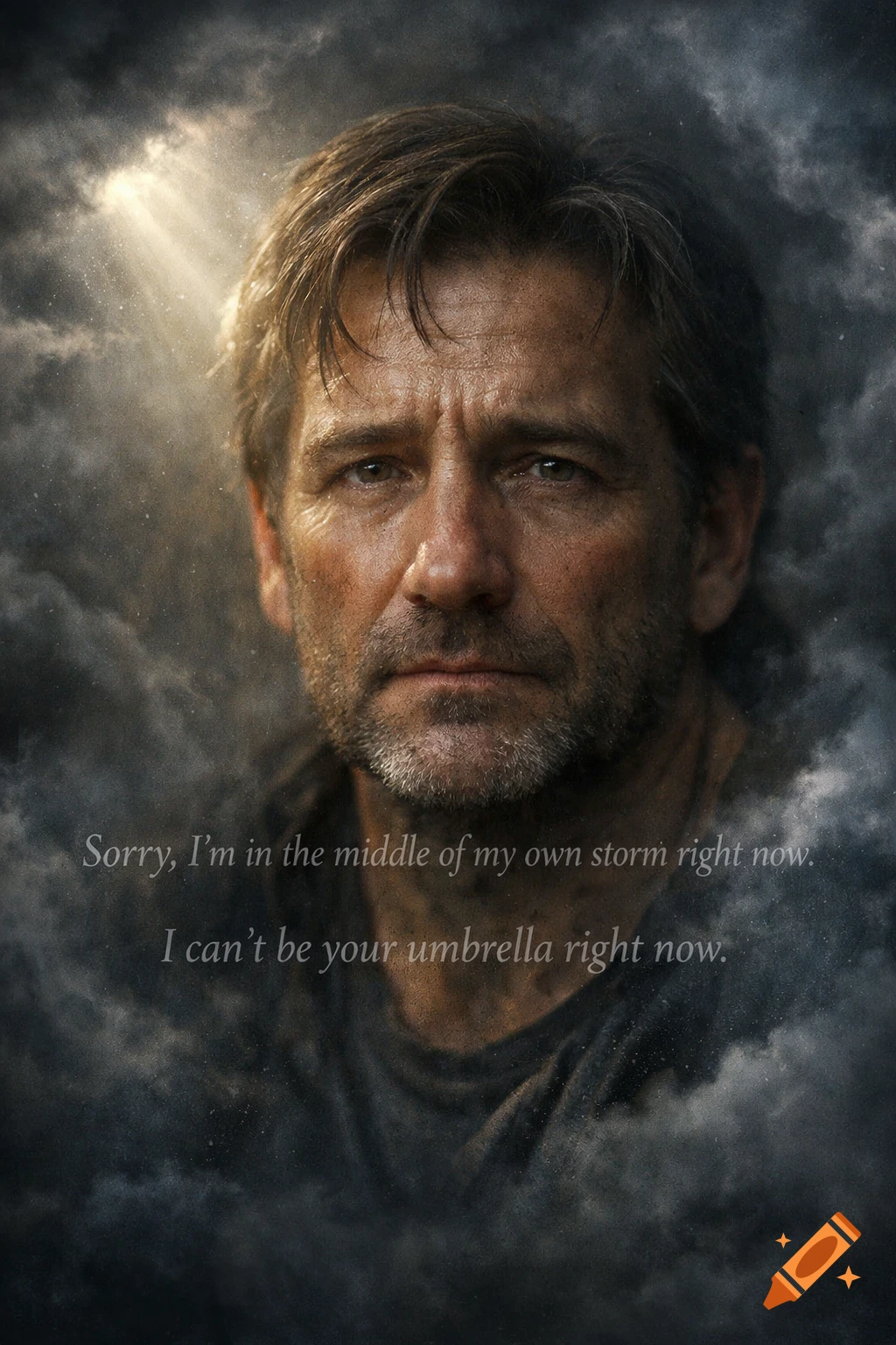 Close-up portrait of a distressed middle-aged man with a beard, surrounded by dark storm clouds, with light rays breaking through above his head. Text overlaid on the image reads: "Sorry, I'm in the middle of my own storm right now. I can't be your umbrella right now."