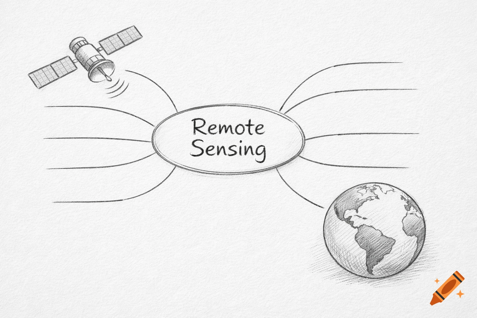 Hand-drawn mind map for 'Remote Sensing' with a satellite and Earth icon, sketch on paper style.
