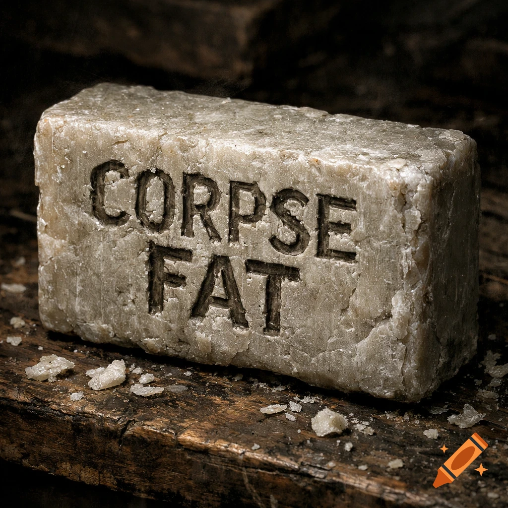 A textured bar of soap with "CORPSE FAT" carved into it, resting on a rustic dark wooden surface with small soap flakes.