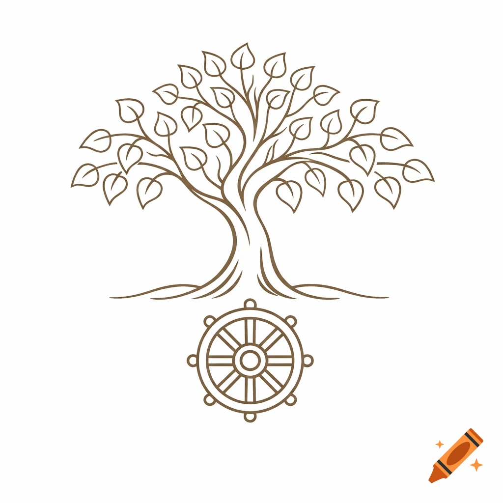 Simple brown line art illustration of a stylized Bodhi tree above a Dharma wheel on a white background.