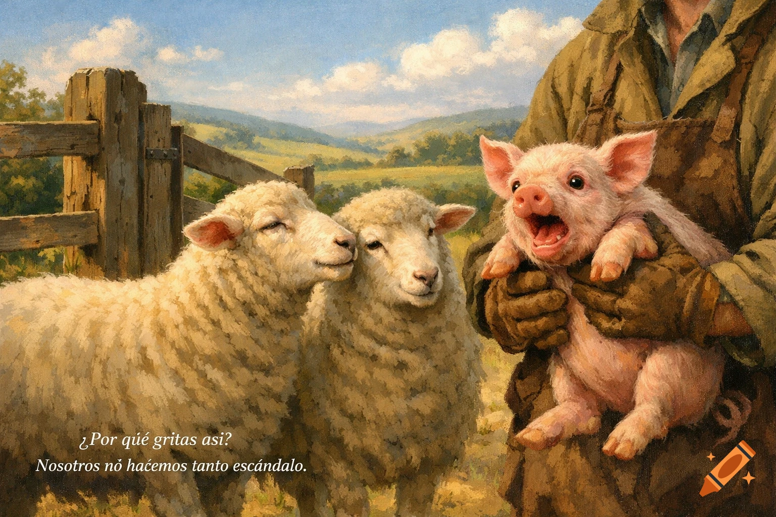 A painting of a farmer holding a squealing piglet, while two sheep with calm expressions look on in a green pasture.