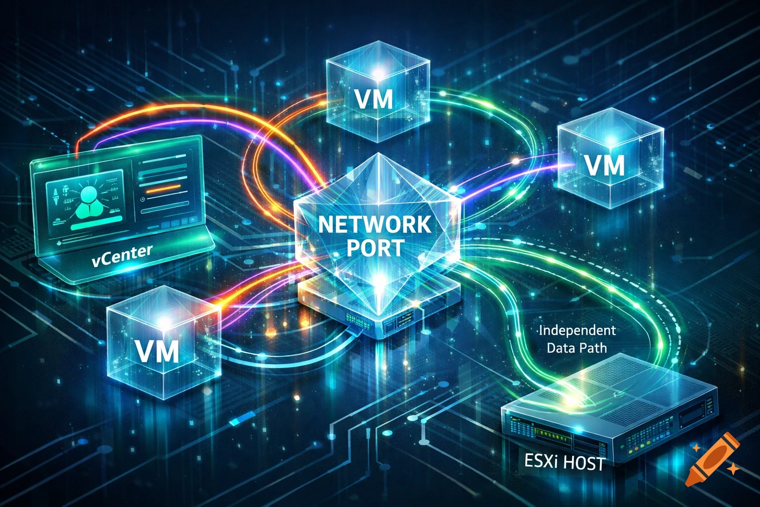 Futuristic glowing network diagram showing virtual machines, a network port, vCenter, and an ESXi host connected by data paths.