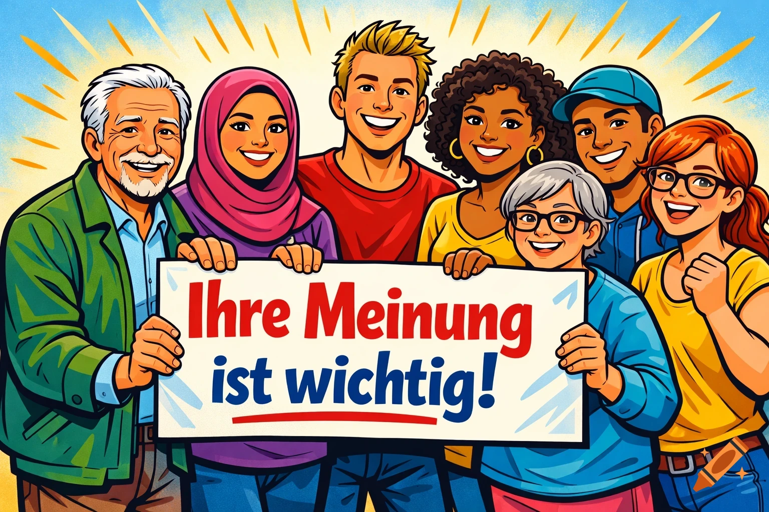 A diverse group of smiling cartoon people holding a sign that reads "Ihre Meinung ist wichtig!" (Your opinion is important!).