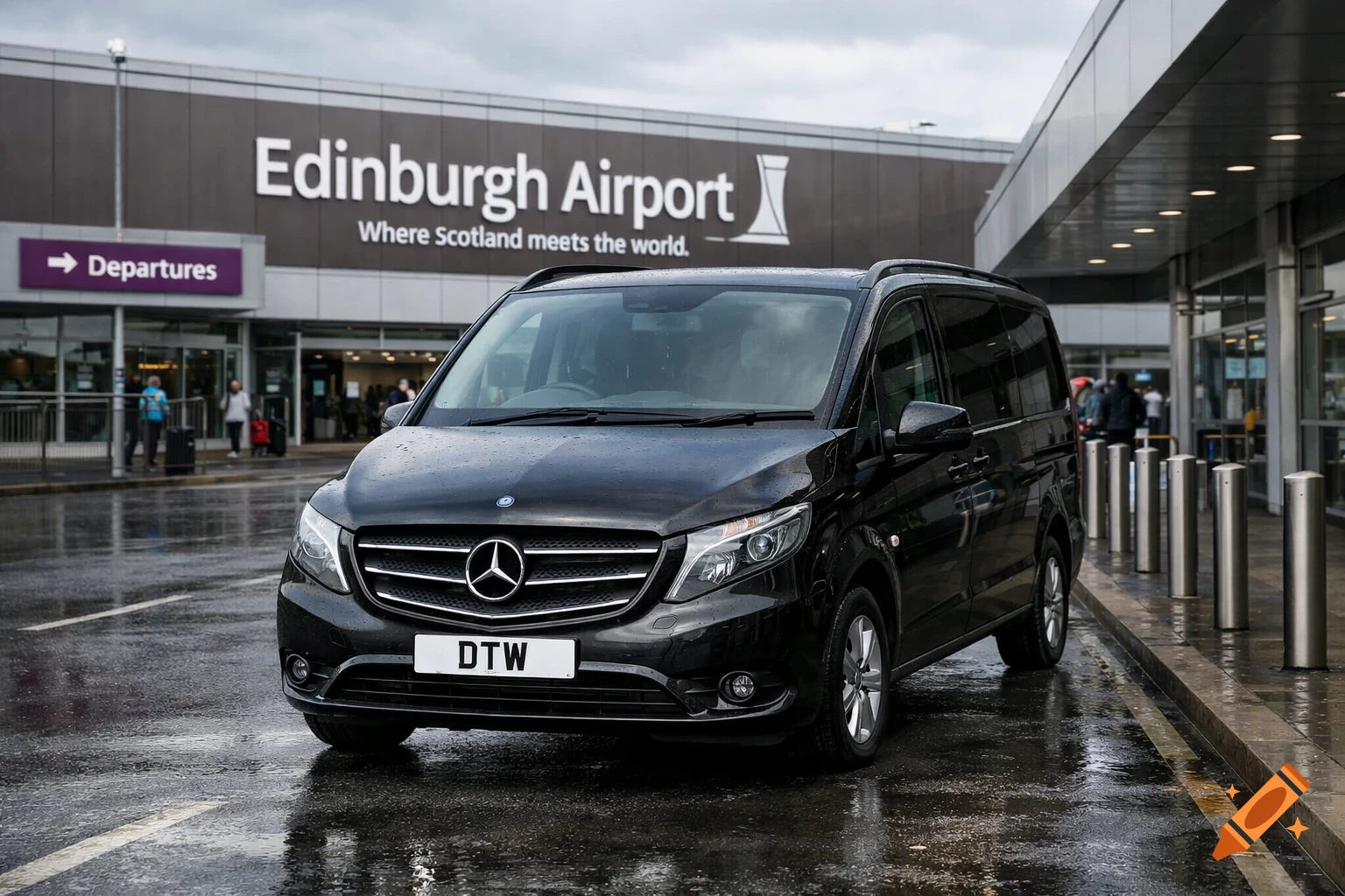 A black Mercedes-Benz Vito van is parked in front of the Edinburgh Airport entrance on a wet day.