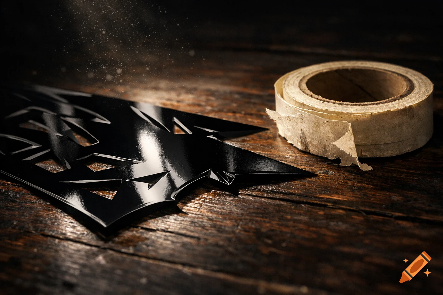A glossy black stencil with intricate cutouts next to a roll of painter's tape on a textured wooden surface, illuminated by dramatic light.