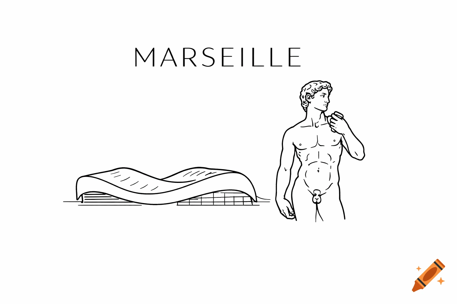 Minimalist black and white line art with 'MARSEILLE' text, showing the Stade Velodrome stadium and a David statue silhouette.