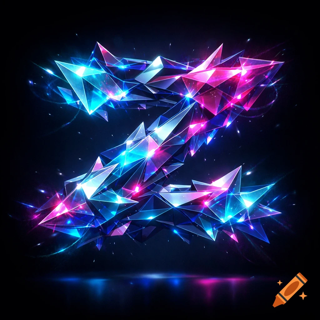 A glowing, crystalline letter 'Z' made of sharp blue and pink polygons on a dark background.
