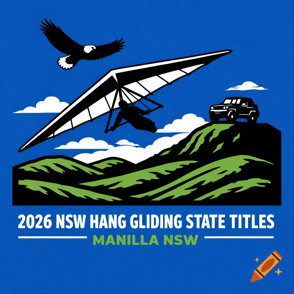 Stylized graphic design for a hang gliding event, featuring a hang glider, an eagle, hills, and a 4x4 vehicle with event text.