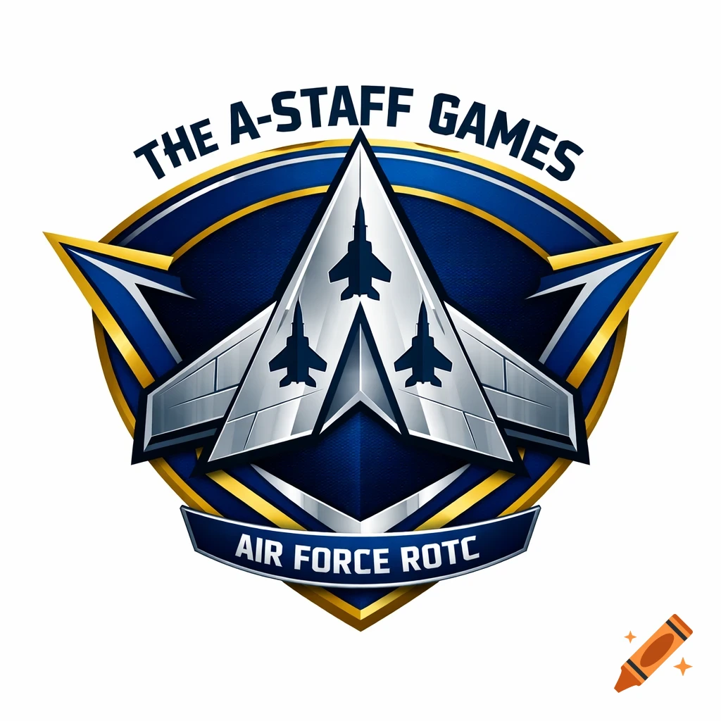 A blue, gold, and silver shield-shaped logo featuring a stylized jet with three smaller jets and the text 'THE A-STAFF GAMES' and 'AIR FORCE ROTC'.