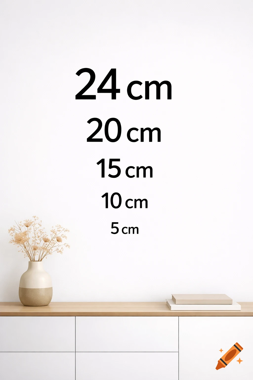 Modern commode with dried flowers and books below a white wall featuring stacked black text: 24 cm, 20 cm, 15 cm, 10 cm, 5 cm.