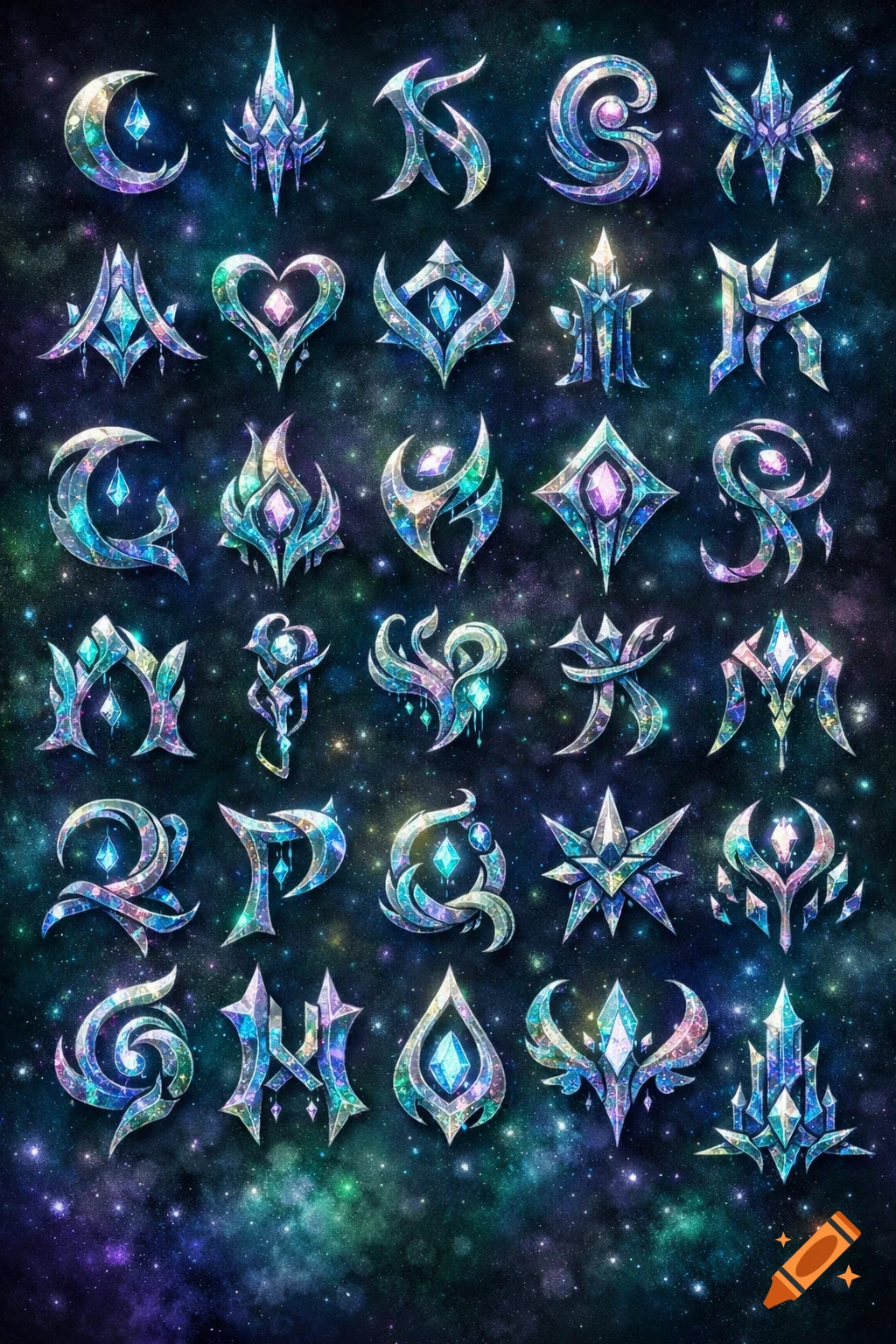 A grid of 30 ornate, shimmering crystal-like symbols with sharp edges and facets, glowing in blues, purples, and greens, set against a dark, starry galaxy background.